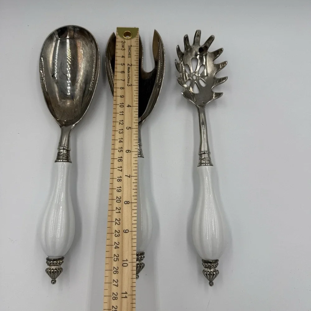 Three Piece Elegant Godinger Silver Plate Serving Set White Porcelain Handle